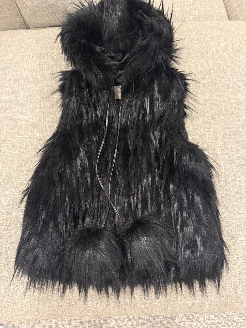 Ramy Brook Black Faux Fur Hooded Vest with Pom-Pom Ties